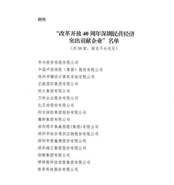 喜讯，bifa必发供应链荣获“改革开放40周年深圳民营经济突出贡献企业”称号  